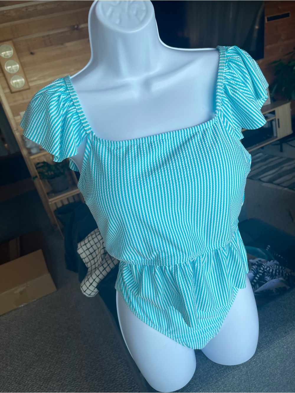 Women’s High-Waist Ruffle Two-Piece Swimsuit - aqua blueStripe